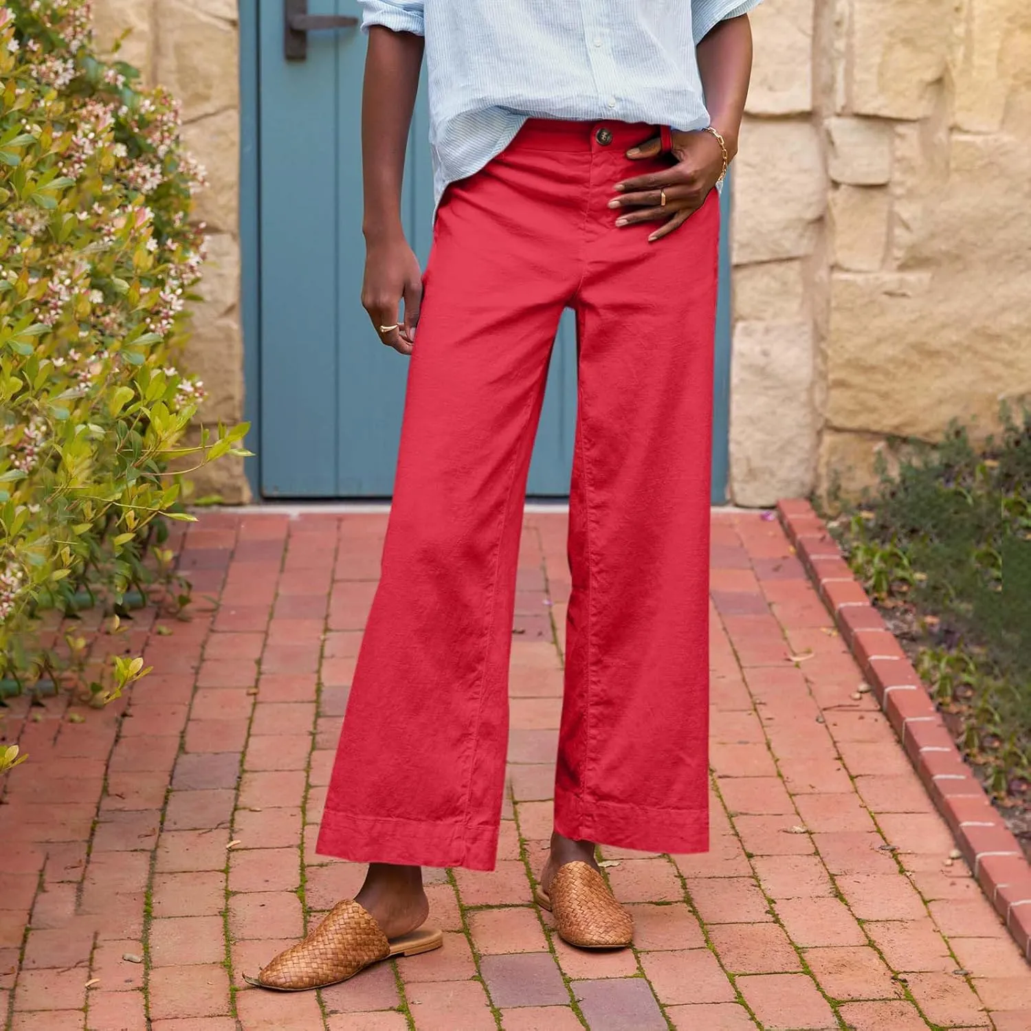 ADHOWBEW Plus Size Linen Pants for Women 2025 Flowy Casual Work Elastic Waist Dressy Plus Size Lounge Slacks