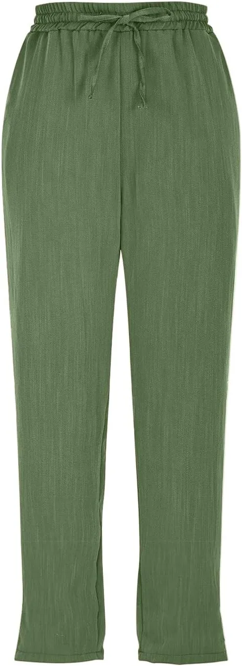 ADHOWBEW Women Capri Pants Cotton Casual Trendy High Waist Summer Comfy Wide Leg Flowy Lounge Bottoms with Pockets