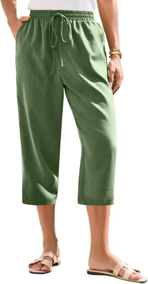 ADHOWBEW Women Capri Pants Cotton Casual Trendy High Waist Summer Comfy Wide Leg Flowy Lounge Bottoms with Pockets