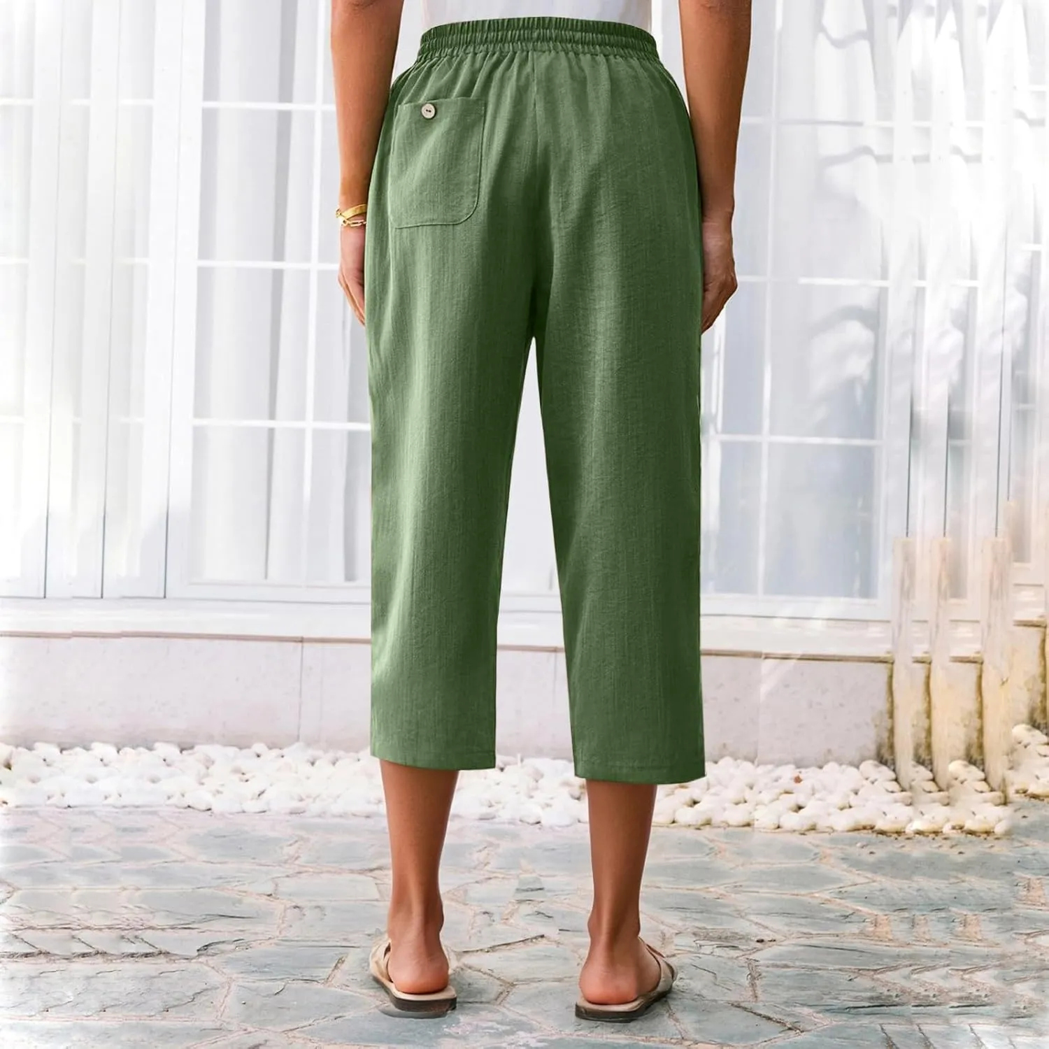 ADHOWBEW Women Capri Pants Cotton Casual Trendy High Waist Summer Comfy Wide Leg Flowy Lounge Bottoms with Pockets