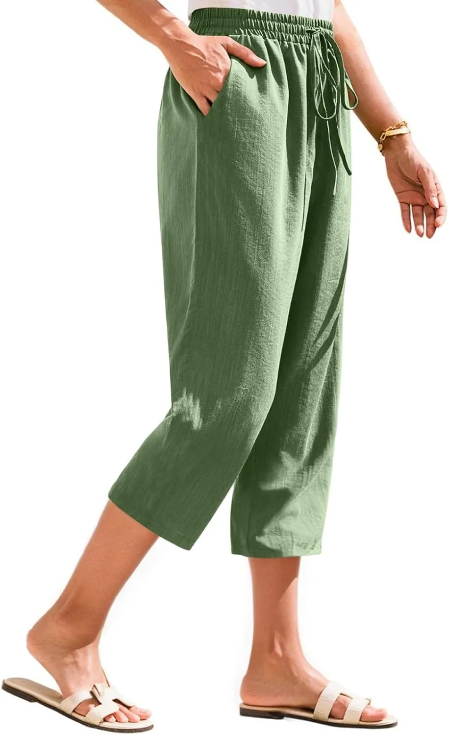 ADHOWBEW Women Capri Pants Cotton Casual Trendy High Waist Summer Comfy Wide Leg Flowy Lounge Bottoms with Pockets
