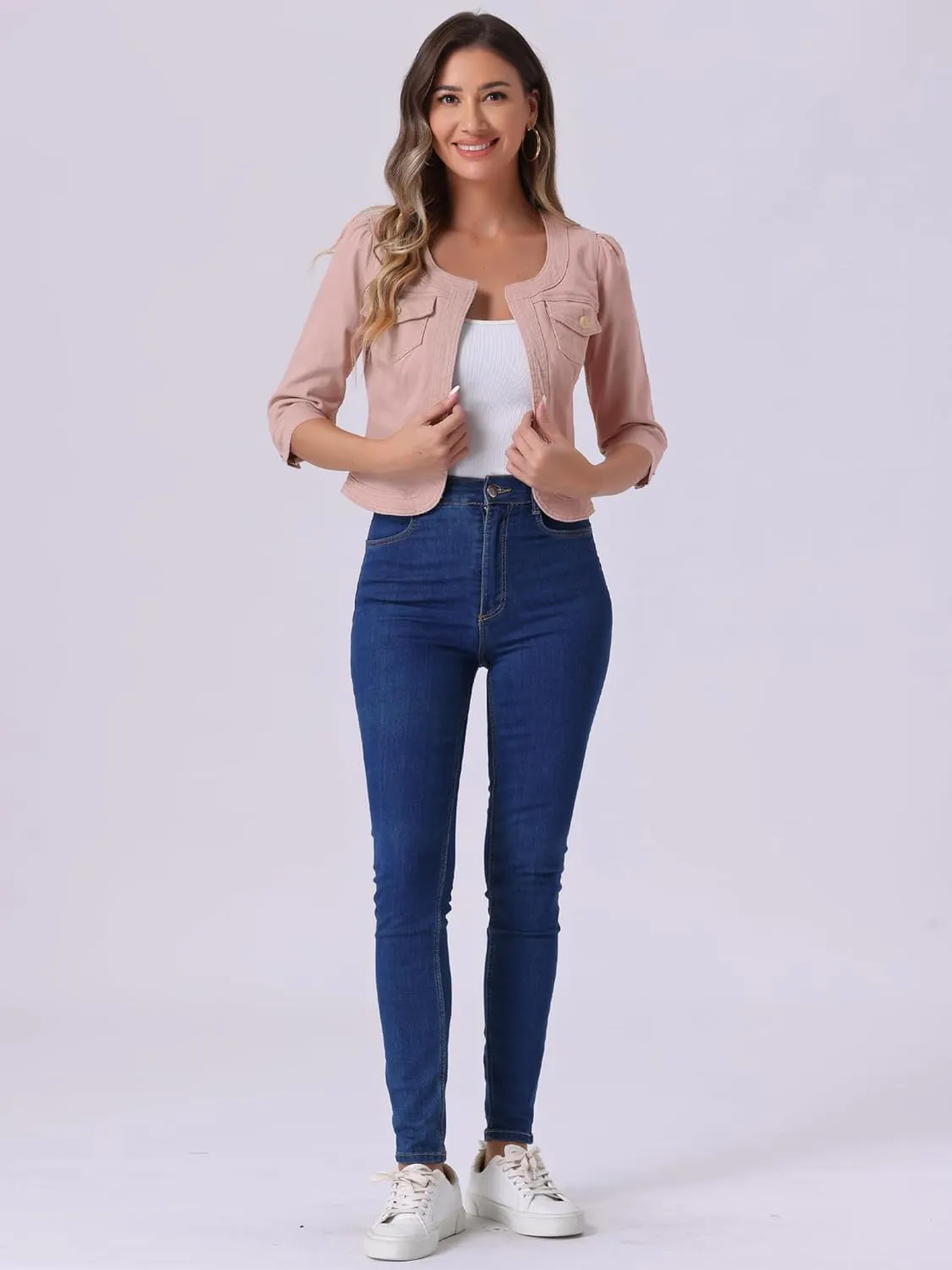 Allegra K Denim Jacket for Women's Collarless 2025 Cardigan 3/4 Sleeve Crop Jean Jackets