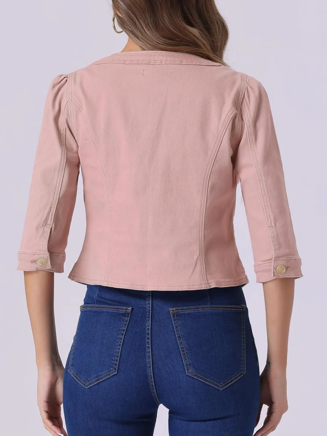Allegra K Denim Jacket for Women's Collarless 2025 Cardigan 3/4 Sleeve Crop Jean Jackets