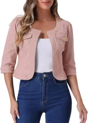 Allegra K Denim Jacket for Women's Collarless 2025 Cardigan 3/4 Sleeve Crop Jean Jackets