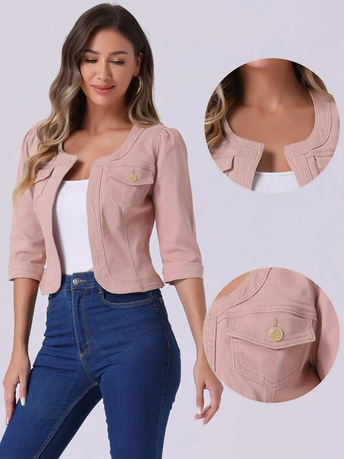 Allegra K Denim Jacket for Women's Collarless 2025 Cardigan 3/4 Sleeve Crop Jean Jackets