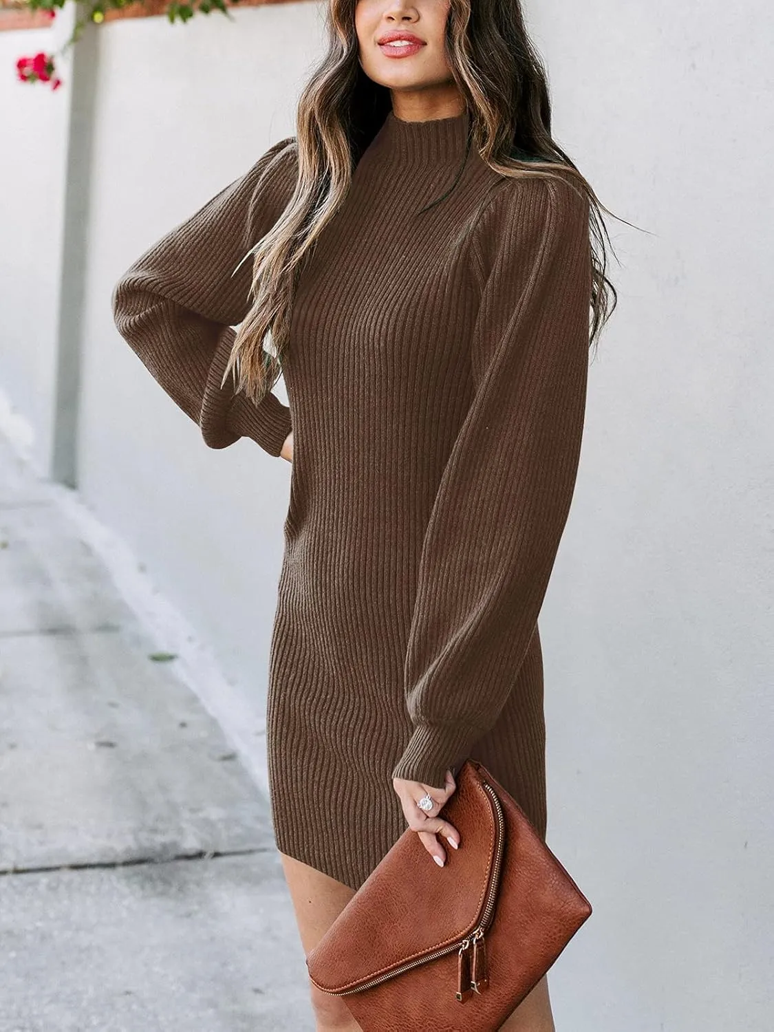 ANRABESS Women Long Sleeve Turtle Mock Neck Rib Knit Stretch Slim Fitted Bodycon Sweater Mini Short Dress 2024 Fall Outfits