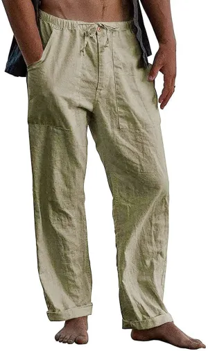 Athletic Pants for Men Linen Yoga Beach Loose Pant Casual Summer Elastic Waist Drawstring Trousers with Pockets