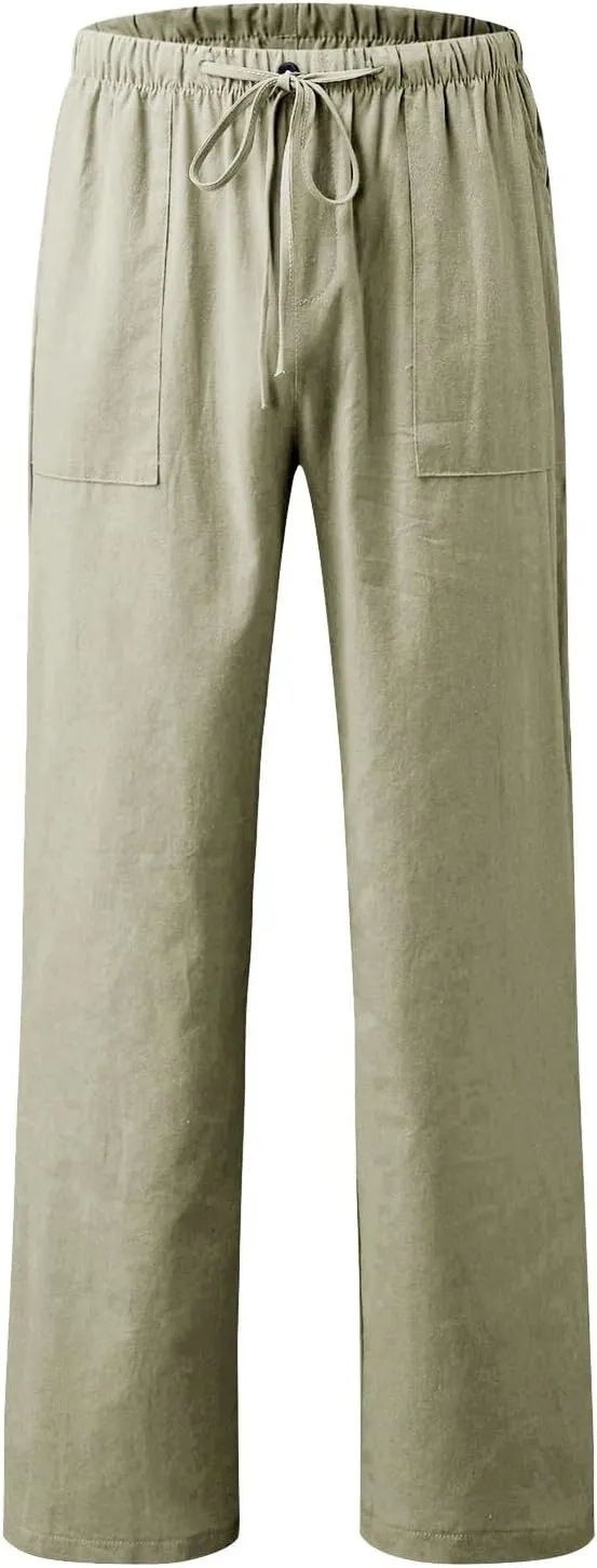 Athletic Pants for Men Linen Yoga Beach Loose Pant Casual Summer Elastic Waist Drawstring Trousers with Pockets