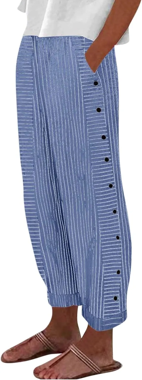 Baggy Striped Pants Women 2025 Trendy Side Button Cotton Linen Pants Straight Leg High Wasited Y2k Pants with Pockets