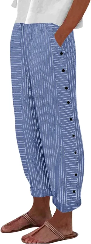 Baggy Striped Pants Women 2025 Trendy Side Button Cotton Linen Pants Straight Leg High Wasited Y2k Pants with Pockets