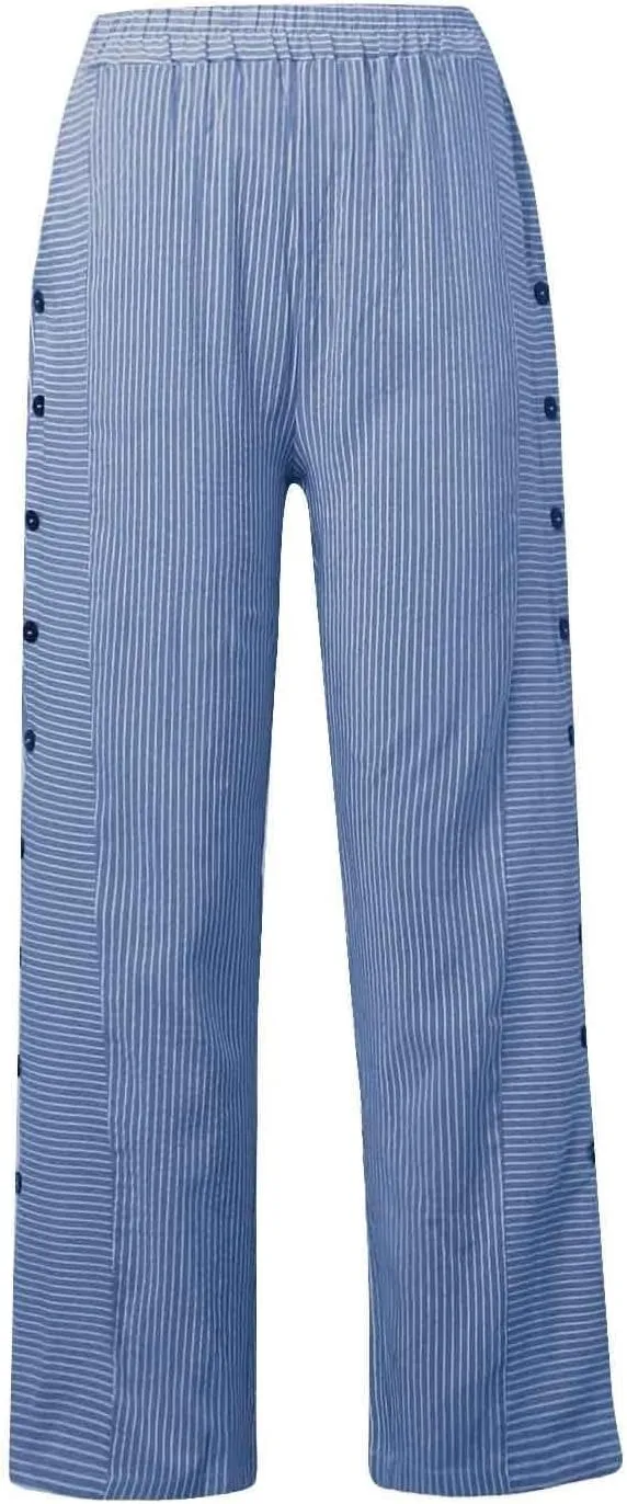 Baggy Striped Pants Women 2025 Trendy Side Button Cotton Linen Pants Straight Leg High Wasited Y2k Pants with Pockets