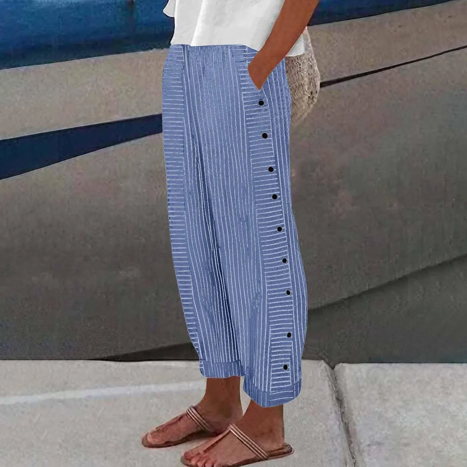 Baggy Striped Pants Women 2025 Trendy Side Button Cotton Linen Pants Straight Leg High Wasited Y2k Pants with Pockets