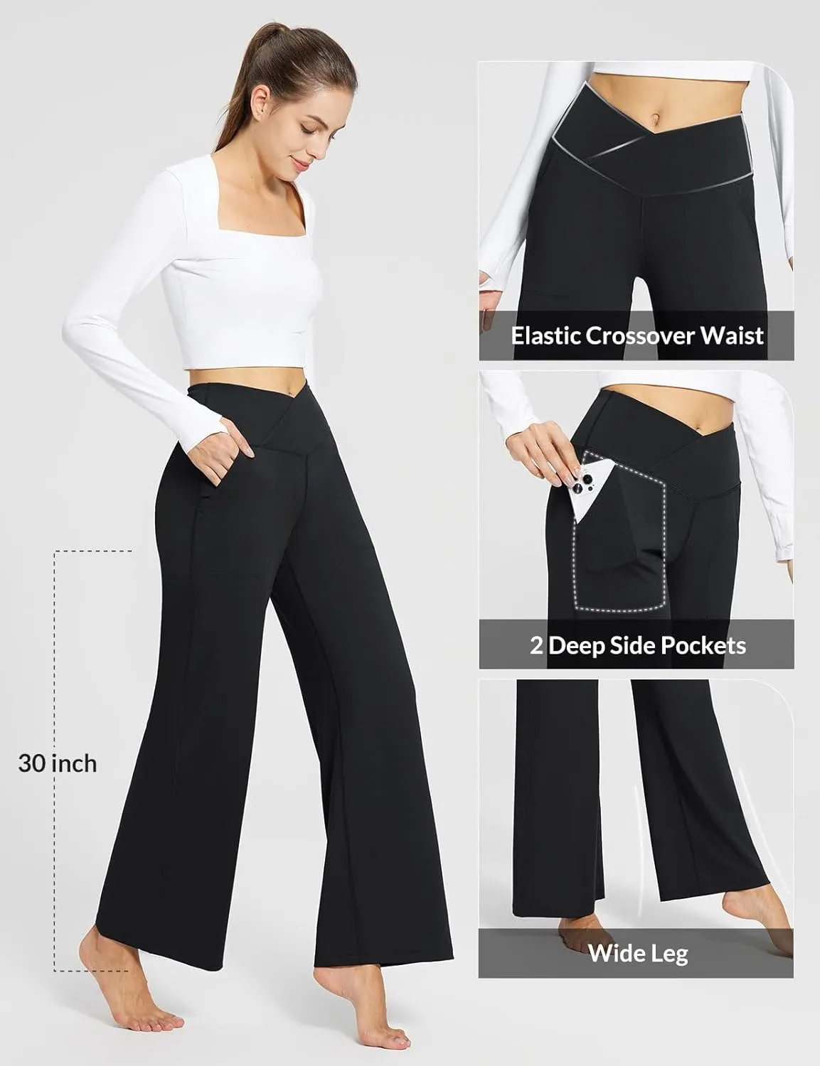 baleaf Womens Wide Leg Dress Pants Stretch High Waist Yoga Pants Casual Slacks Pockets Pull On Travel Petite Plus Size