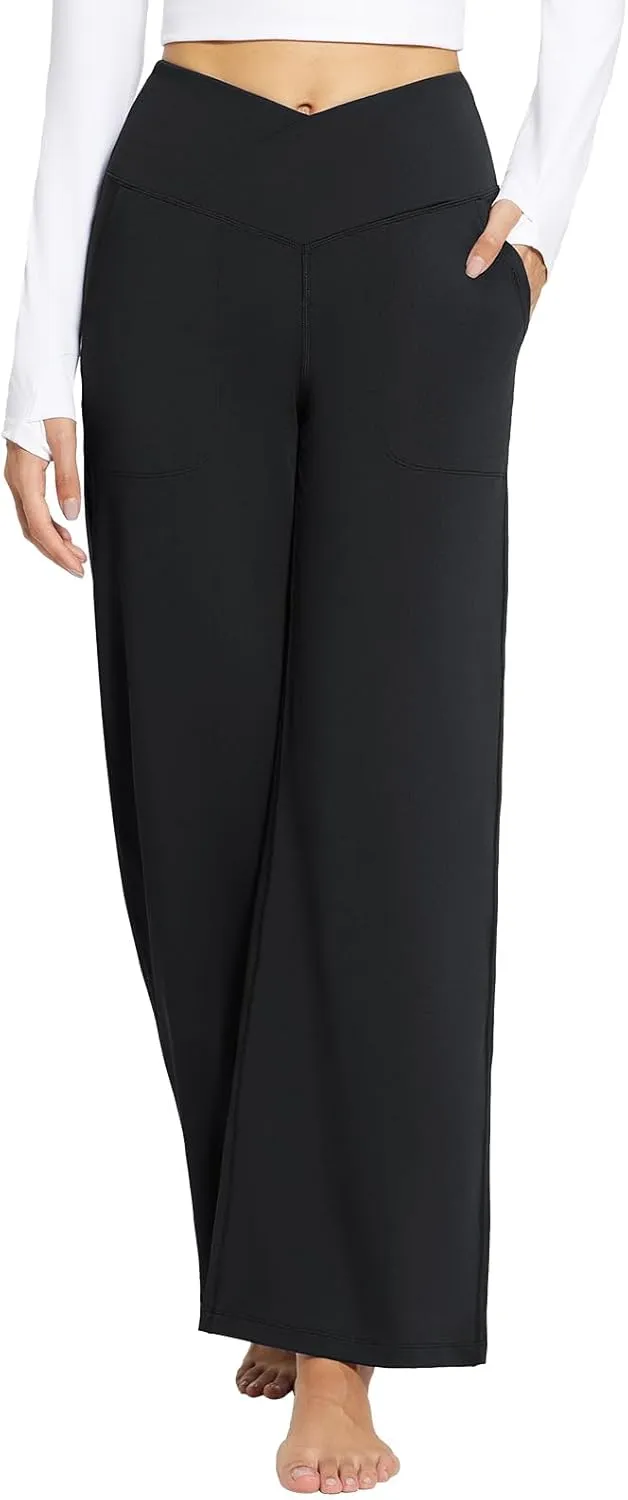baleaf Womens Wide Leg Dress Pants Stretch High Waist Yoga Pants Casual Slacks Pockets Pull On Travel Petite Plus Size