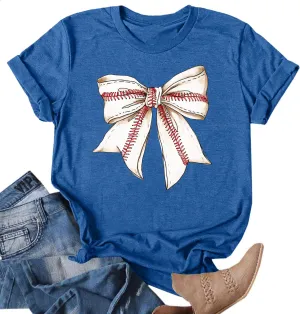 Baseball Shirts for Women Baseball Bow Graphic T Shirt Baseball Mom Short Sleeve Tee Game Day Gifts Tops
