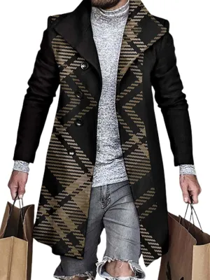 Bengbobar Plaid Jacket Men Pea Coats Notched Collar Midi Jacket Long Trench Woolen Shacket Coat Winter Button Up Retro Coats