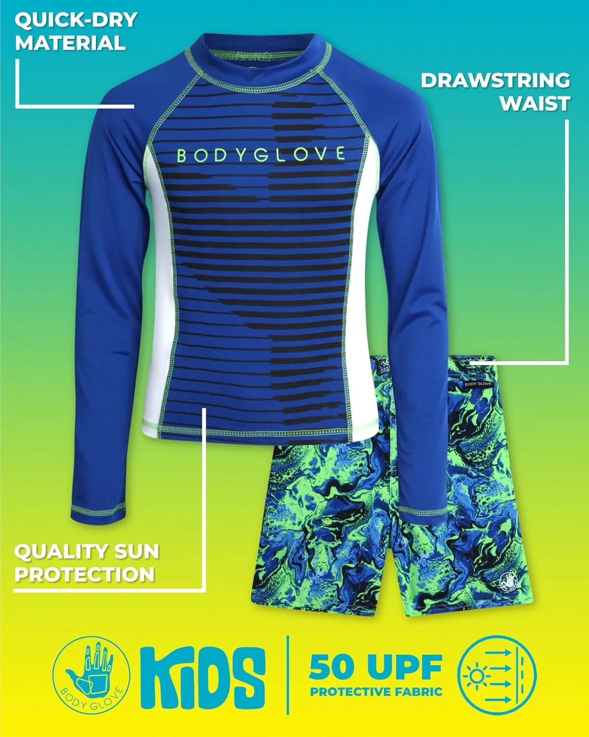 Body Glove Boys' Rash Guard Swim Set - 2 Piece UPF 50  Swim Shirt and Bathing Suit Trunk for Boys (4-12)