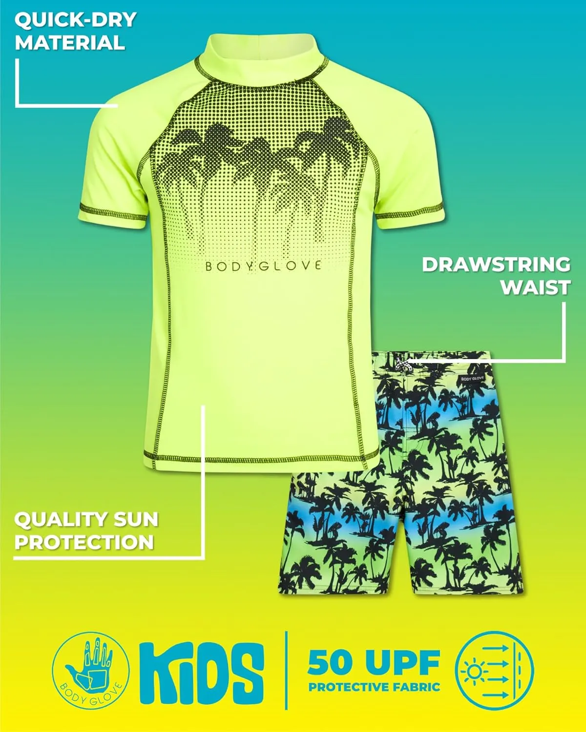 Body Glove Boys' Rash Guard Swim Set - 2 Piece UPF 50  Swim Shirt and Bathing Suit Trunk for Boys (4-12)