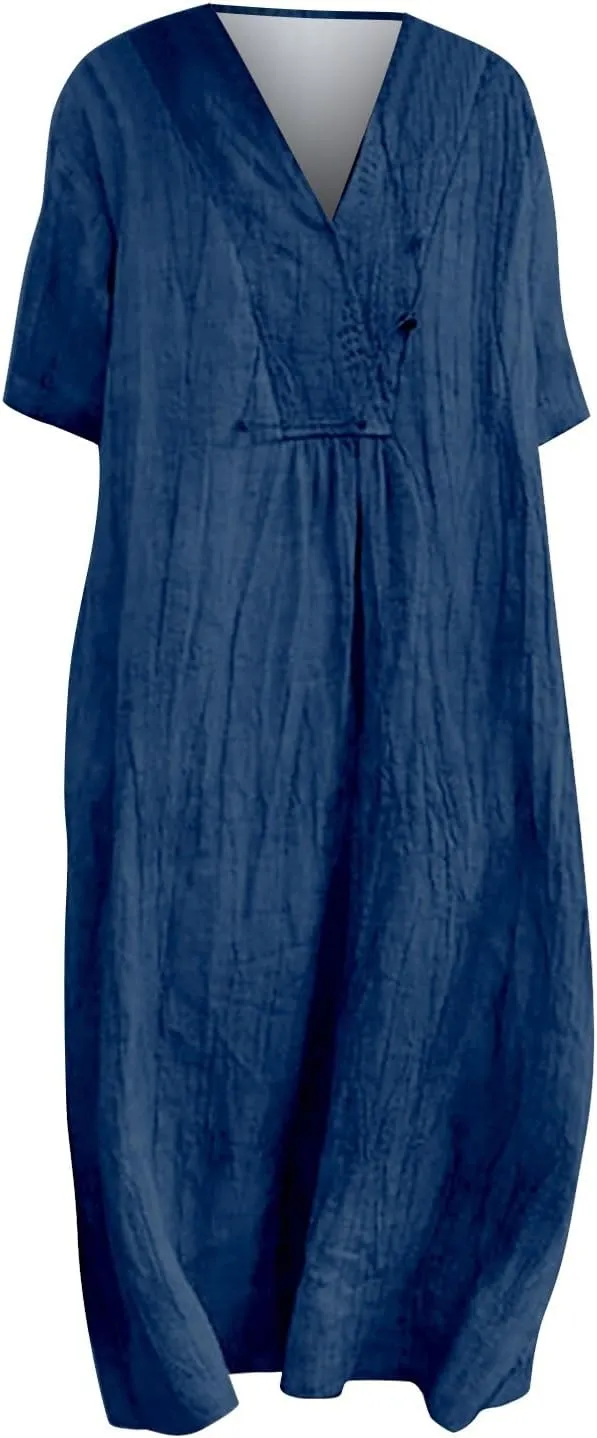 Boho Dresses for Women 2024 Linen Vintage Solid Midi Dress with Pockets V Neck Loose Casual Flowy Summer Beach Dress