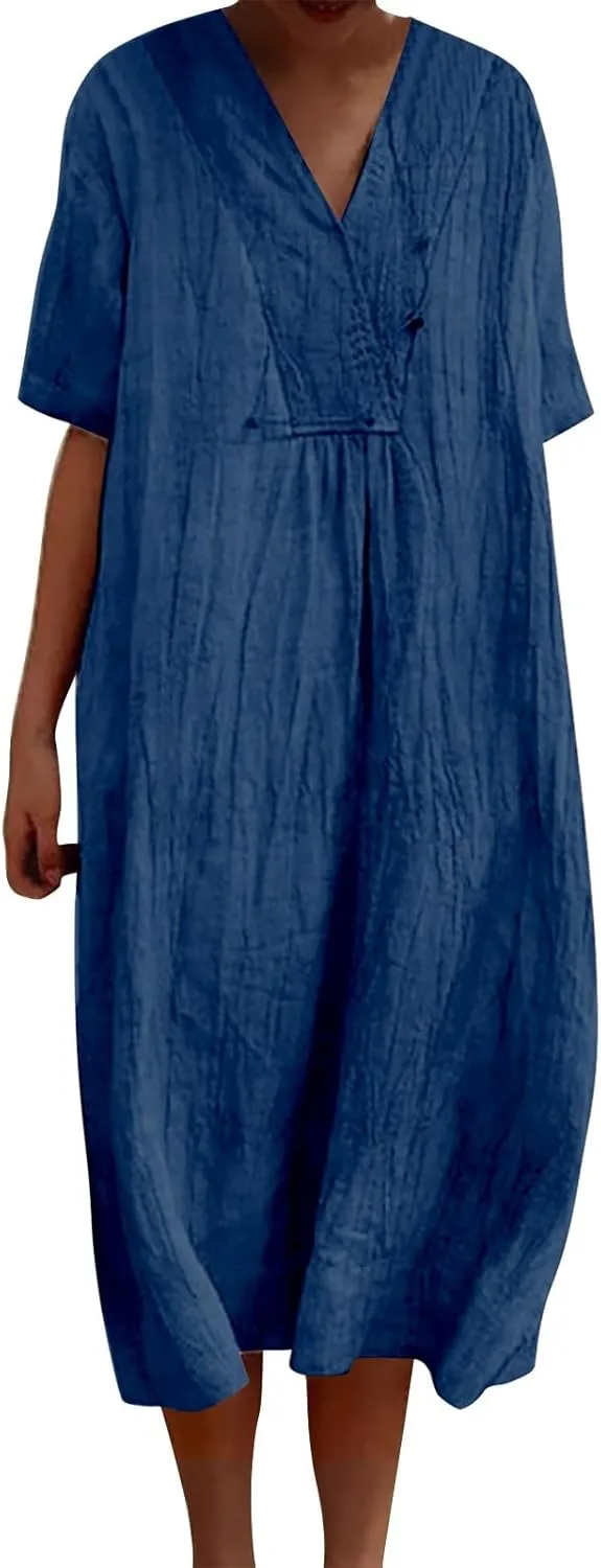 Boho Dresses for Women 2024 Linen Vintage Solid Midi Dress with Pockets V Neck Loose Casual Flowy Summer Beach Dress
