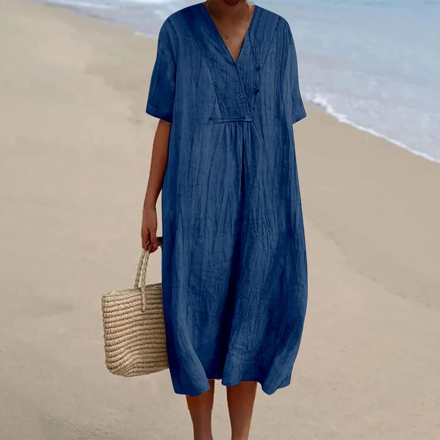 Boho Dresses for Women 2024 Linen Vintage Solid Midi Dress with Pockets V Neck Loose Casual Flowy Summer Beach Dress