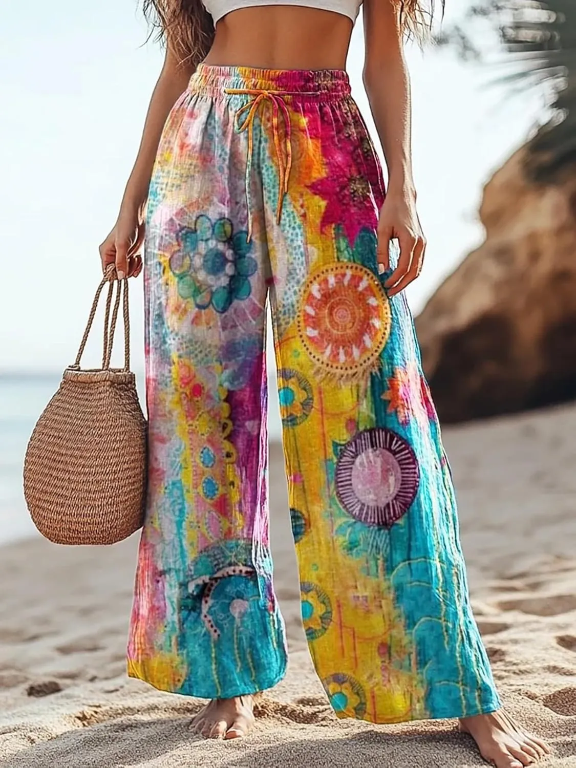 Boho Floral Wide Leg Pants for Women Cotton Linen Casual Loose Pants Summer Beach Flowers Print Flowy Long Pants