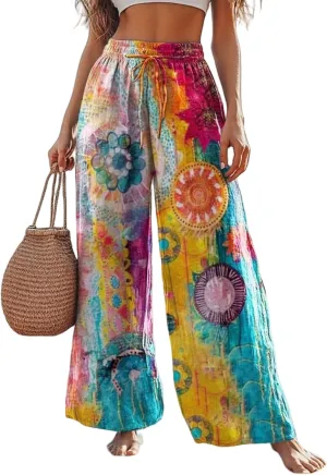 Boho Floral Wide Leg Pants for Women Cotton Linen Casual Loose Pants Summer Beach Flowers Print Flowy Long Pants