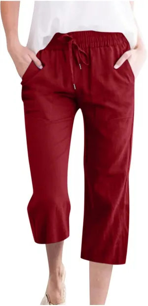 BZGTZT Capri Pants for Women Casual 2023 Summer Drawstring Elastic High Waist Linen Pant Straight Wide Leg Cropped Trouser