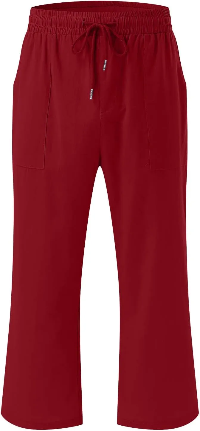 BZGTZT Capri Pants for Women Casual 2023 Summer Drawstring Elastic High Waist Linen Pant Straight Wide Leg Cropped Trouser