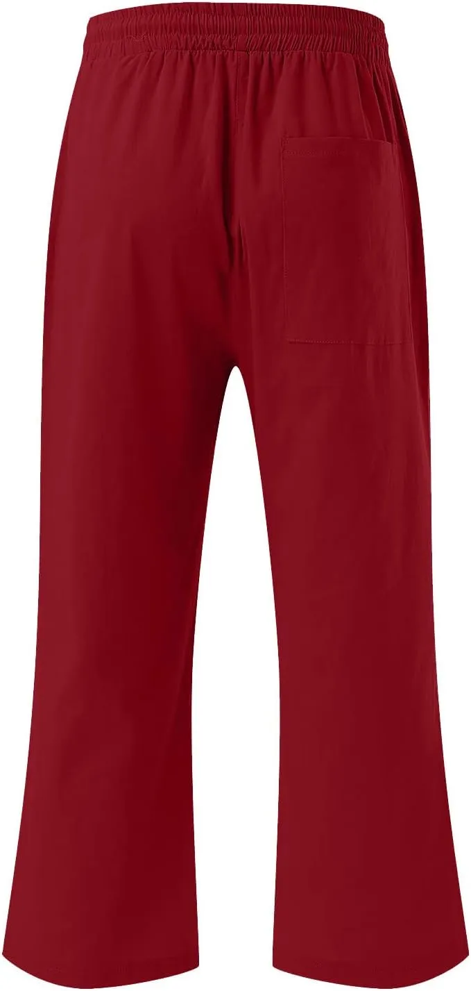 BZGTZT Capri Pants for Women Casual 2023 Summer Drawstring Elastic High Waist Linen Pant Straight Wide Leg Cropped Trouser