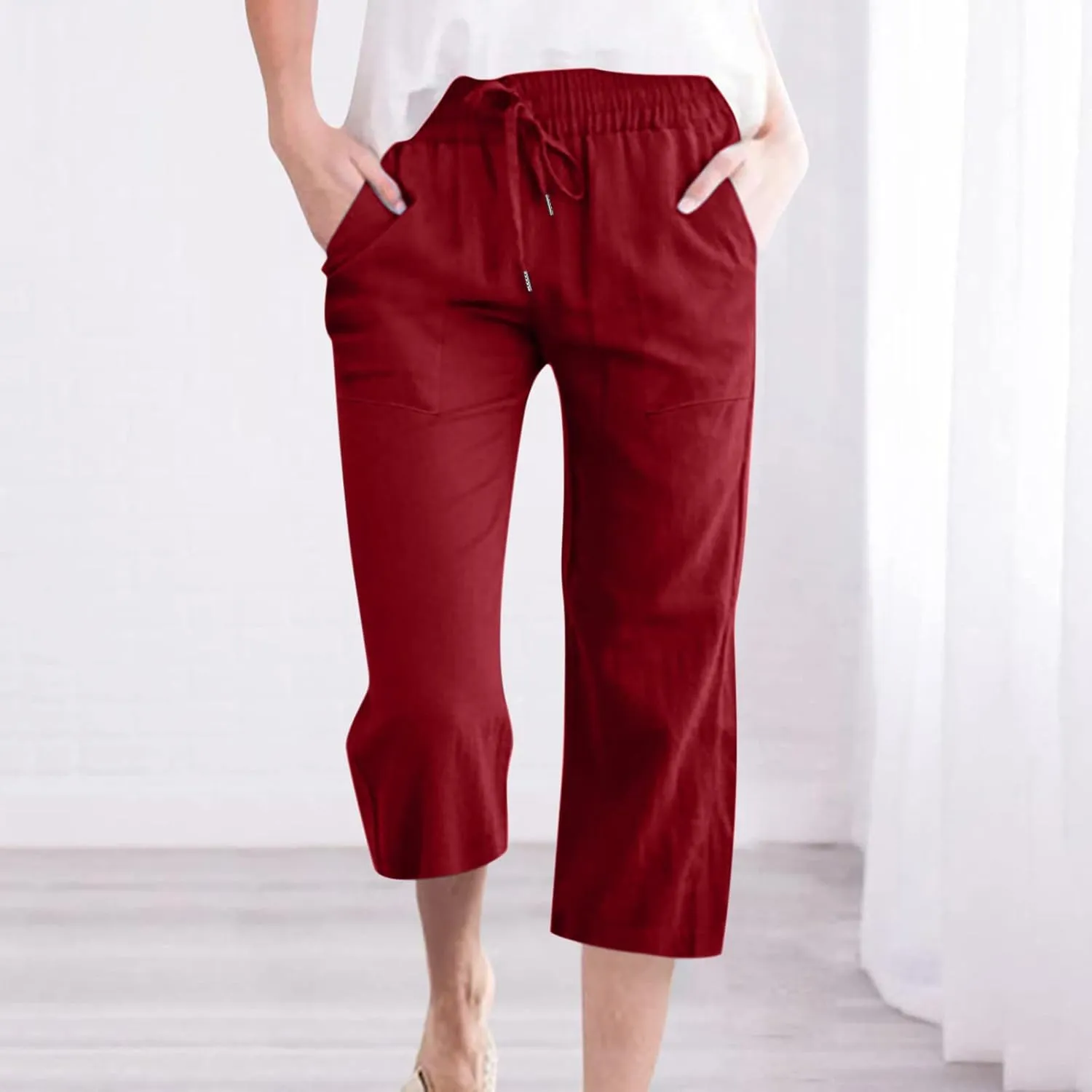 BZGTZT Capri Pants for Women Casual 2023 Summer Drawstring Elastic High Waist Linen Pant Straight Wide Leg Cropped Trouser