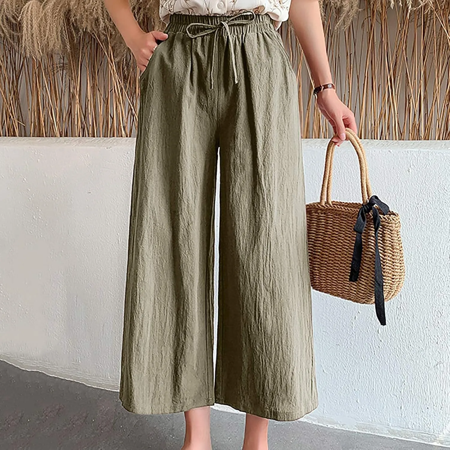 BZGTZT Linen Capri Pants for Women Flowy Summer High Waist Wide Leg Pant with Pockets Lounge Trousers Casual Palazzo Pants
