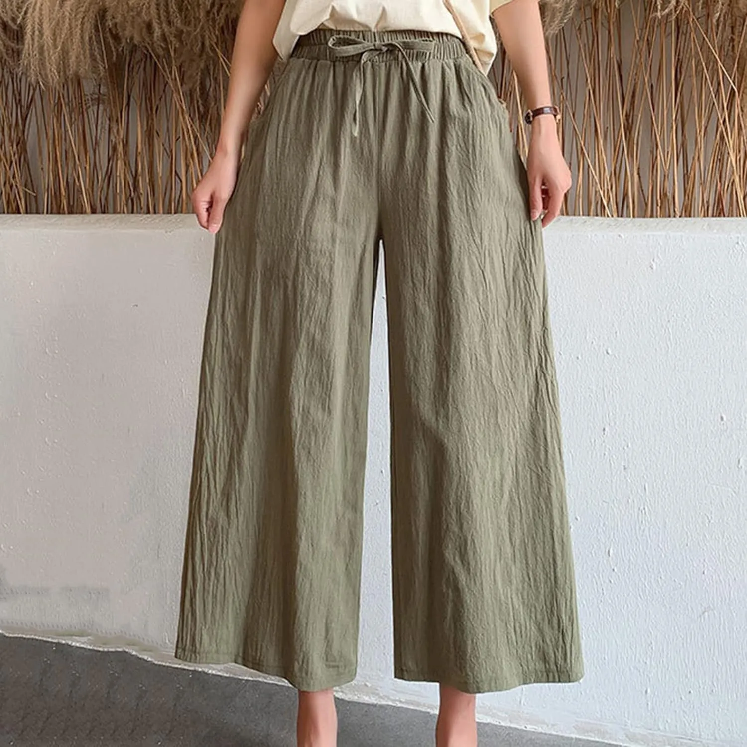BZGTZT Linen Capri Pants for Women Flowy Summer High Waist Wide Leg Pant with Pockets Lounge Trousers Casual Palazzo Pants
