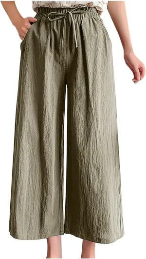 BZGTZT Linen Capri Pants for Women Flowy Summer High Waist Wide Leg Pant with Pockets Lounge Trousers Casual Palazzo Pants