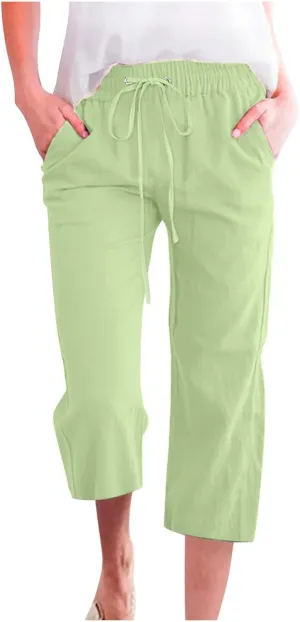 BZGTZT Linen Capri Pants for Women High Waist Drawstring Wide Leg Pants Summer Casual Plus Size Linen Cropped Trousers