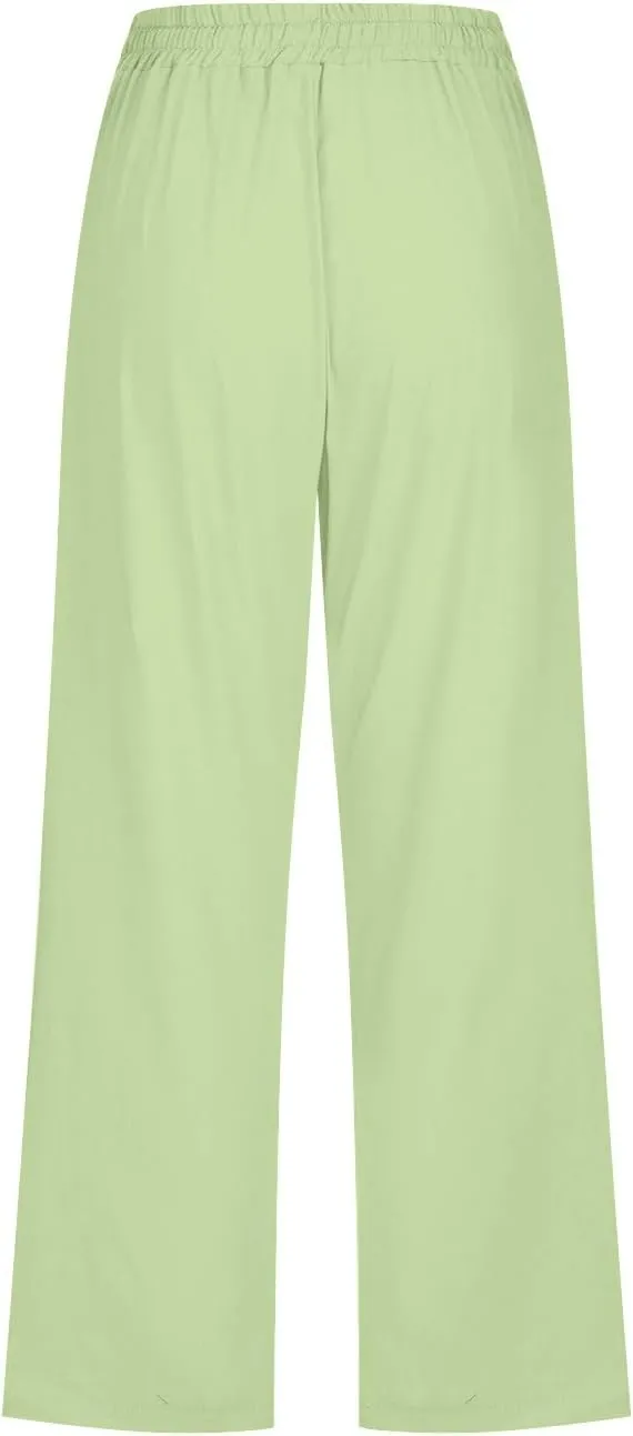 BZGTZT Linen Capri Pants for Women High Waist Drawstring Wide Leg Pants Summer Casual Plus Size Linen Cropped Trousers
