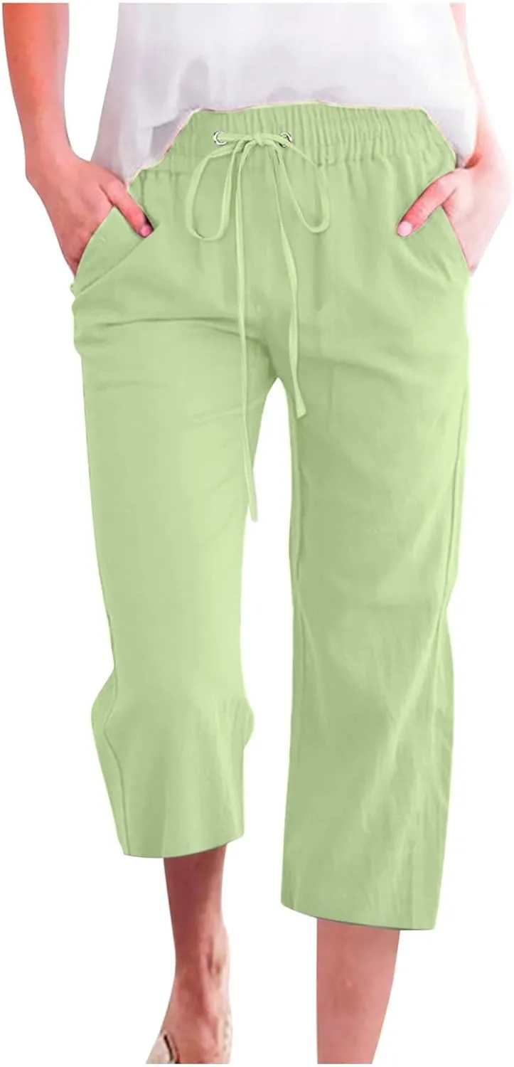 BZGTZT Linen Capri Pants for Women High Waist Drawstring Wide Leg Pants Summer Casual Plus Size Linen Cropped Trousers