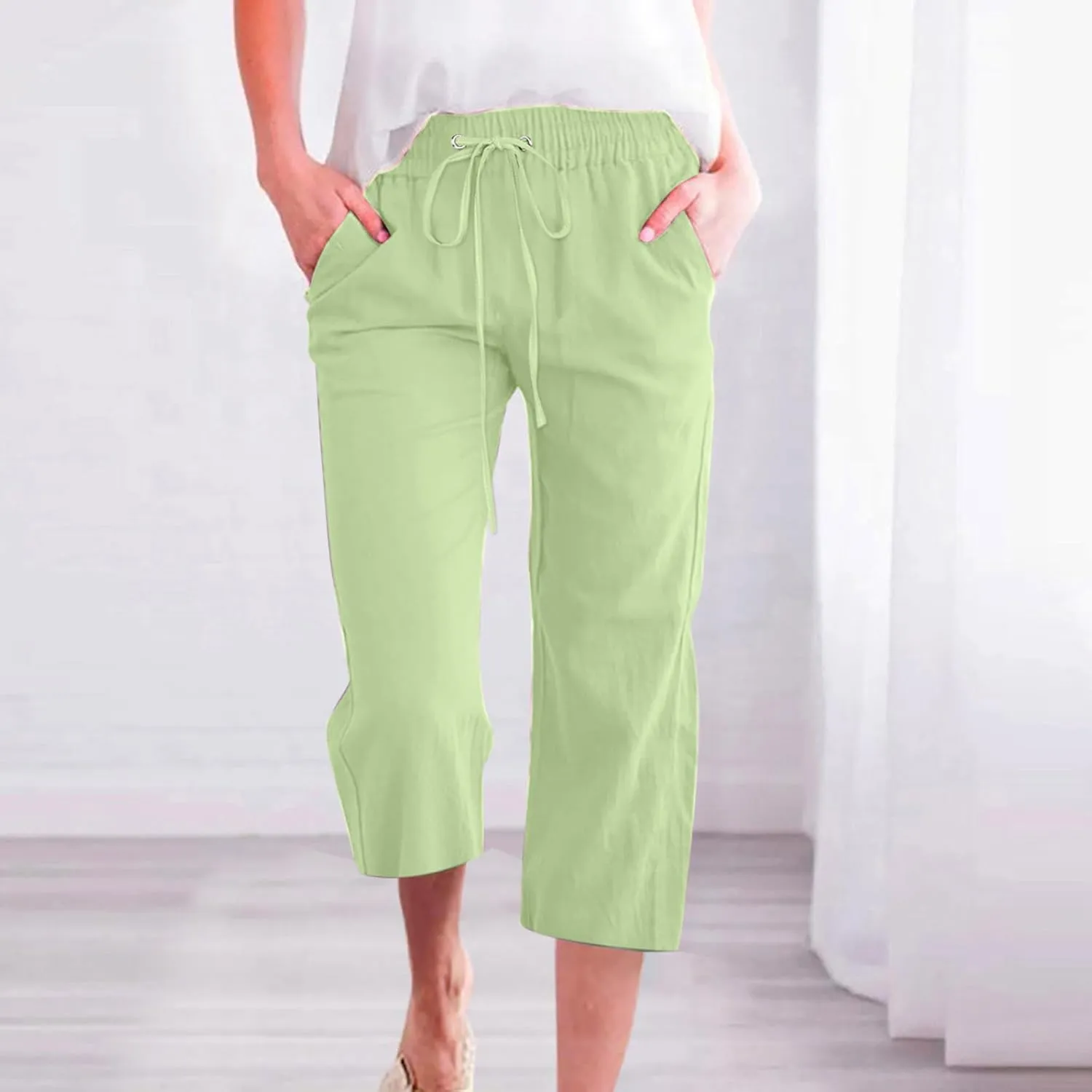 BZGTZT Linen Capri Pants for Women High Waist Drawstring Wide Leg Pants Summer Casual Plus Size Linen Cropped Trousers