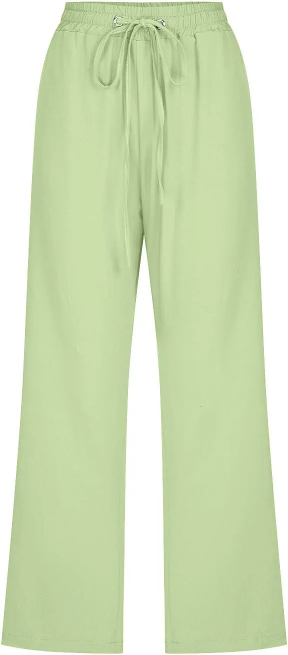 BZGTZT Linen Capri Pants for Women High Waist Drawstring Wide Leg Pants Summer Casual Plus Size Linen Cropped Trousers