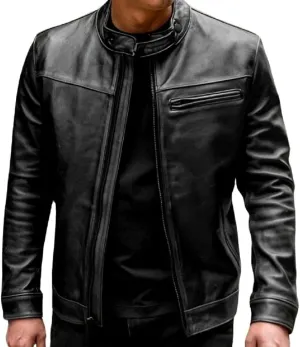 Caf Racer Lambskin Leather Jacket Men Round Collar Men's Casual Real Leather Motorcycle Biker Jacket