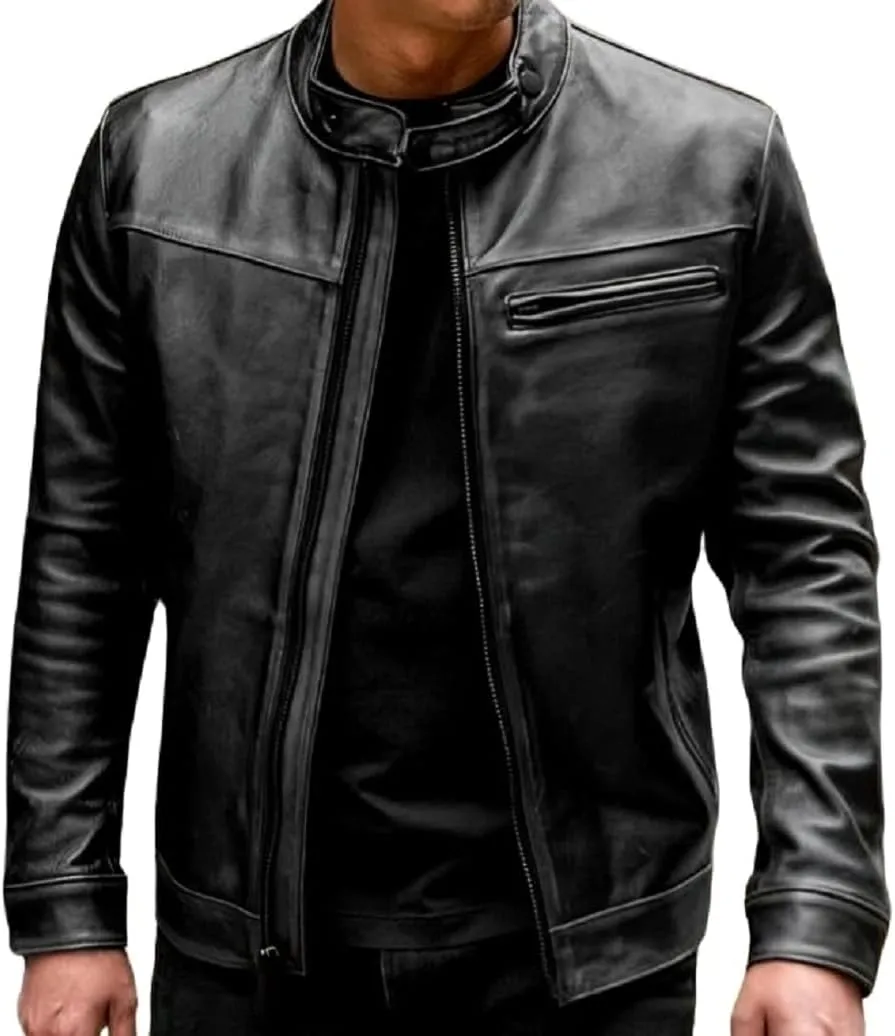 Caf Racer Lambskin Leather Jacket Men Round Collar Men's Casual Real Leather Motorcycle Biker Jacket