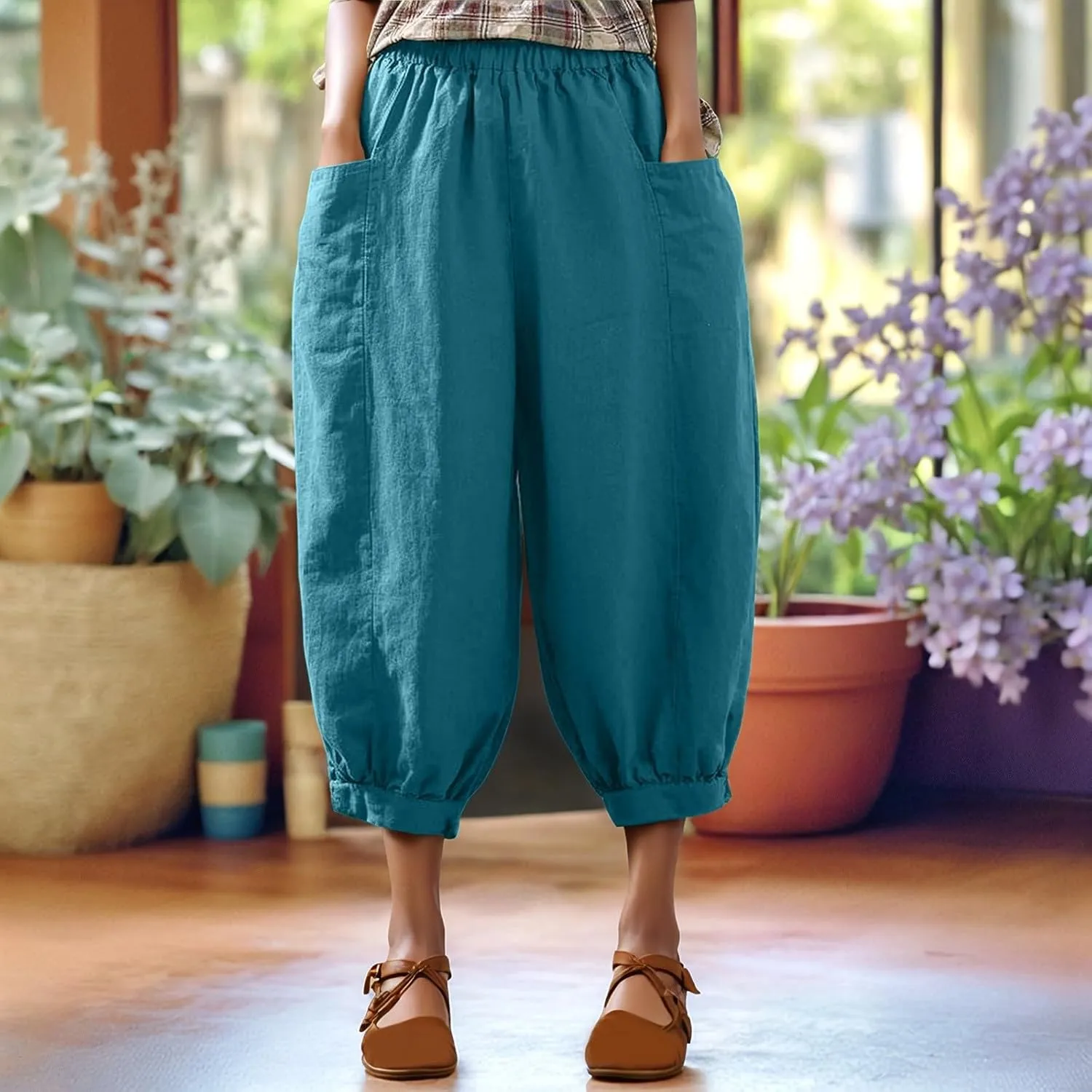 Capri Linen Pant for Women 2025 Summer Casual High Waist Linen Pant Straight Wide Leg Cropped Beach Pant