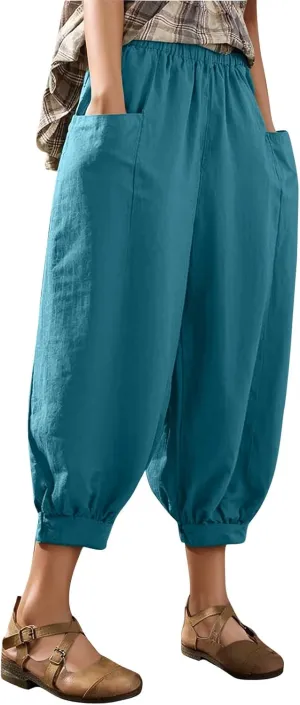 Capri Linen Pant for Women 2025 Summer Casual High Waist Linen Pant Straight Wide Leg Cropped Beach Pant