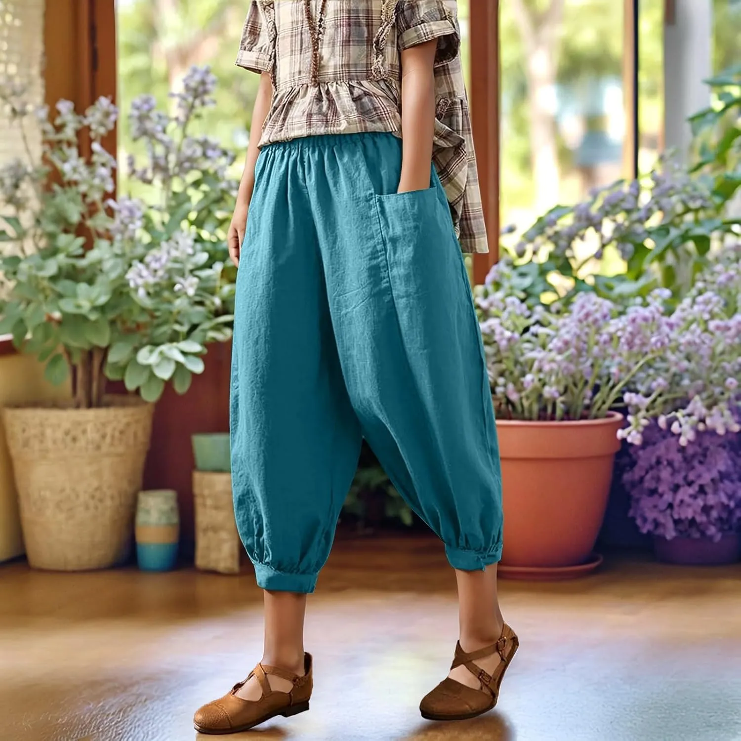 Capri Linen Pant for Women 2025 Summer Casual High Waist Linen Pant Straight Wide Leg Cropped Beach Pant