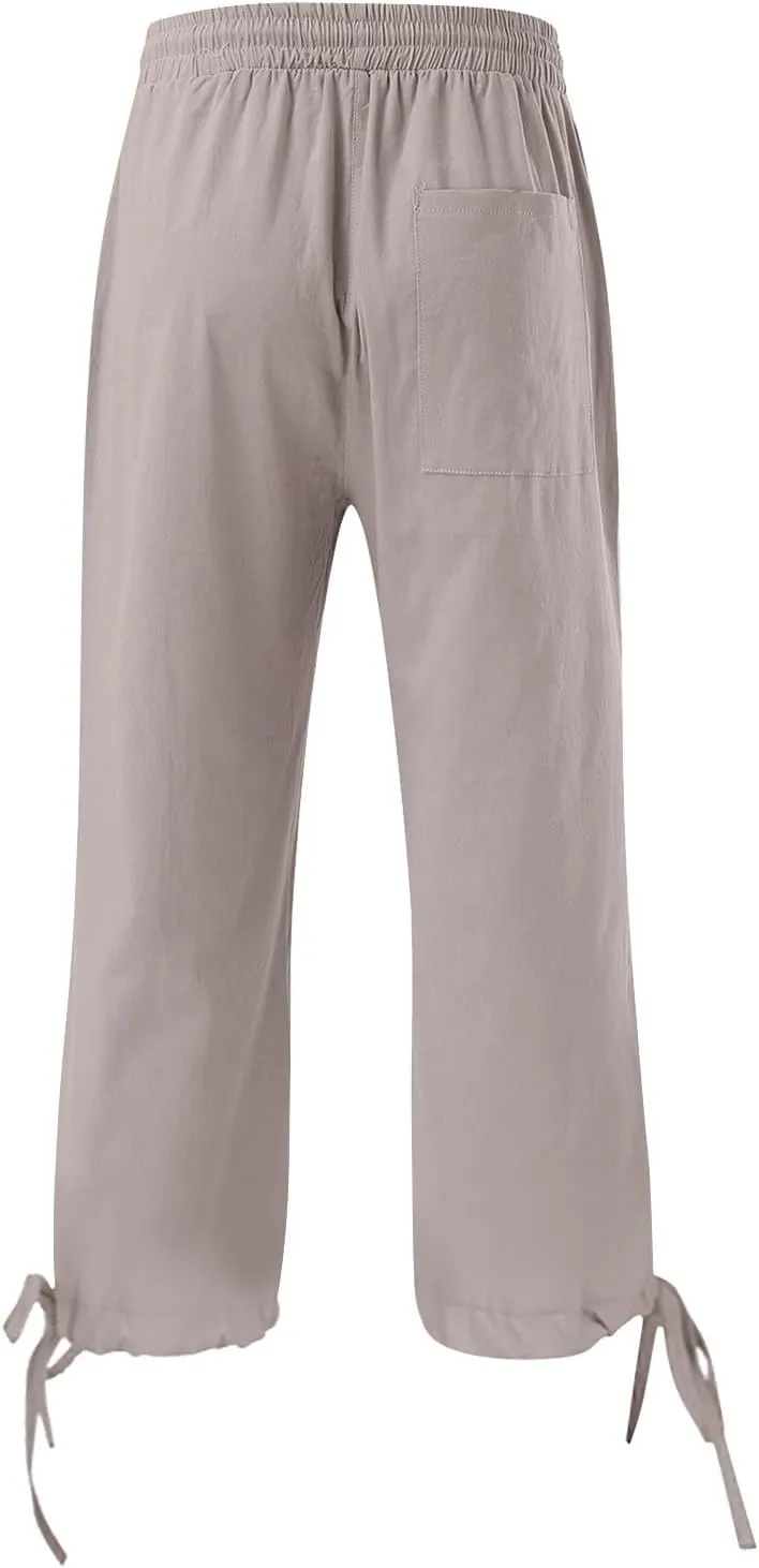 Capri Pants for Women 2025 Summer Linen Wide Leg Crop Pant Casual Drawstring Lightweight Lounge Trousers with Pocket