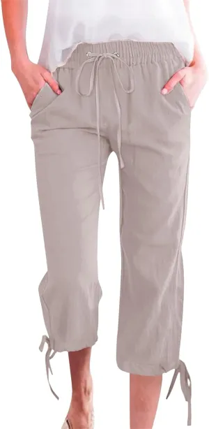 Capri Pants for Women 2025 Summer Linen Wide Leg Crop Pant Casual Drawstring Lightweight Lounge Trousers with Pocket