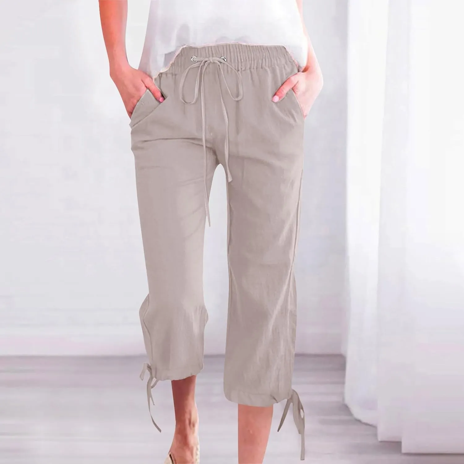 Capri Pants for Women 2025 Summer Linen Wide Leg Crop Pant Casual Drawstring Lightweight Lounge Trousers with Pocket