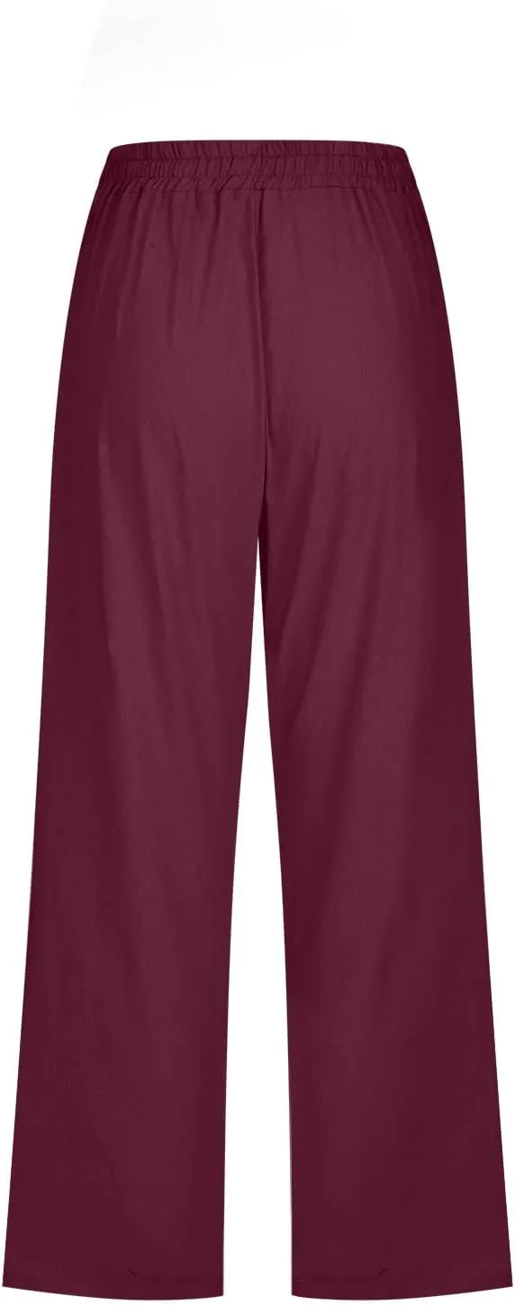 Capri Pants for Women Casual 2025 Summer Drawstring Elastic High Waist Linen Pant Straight Wide Leg Cropped Trouser