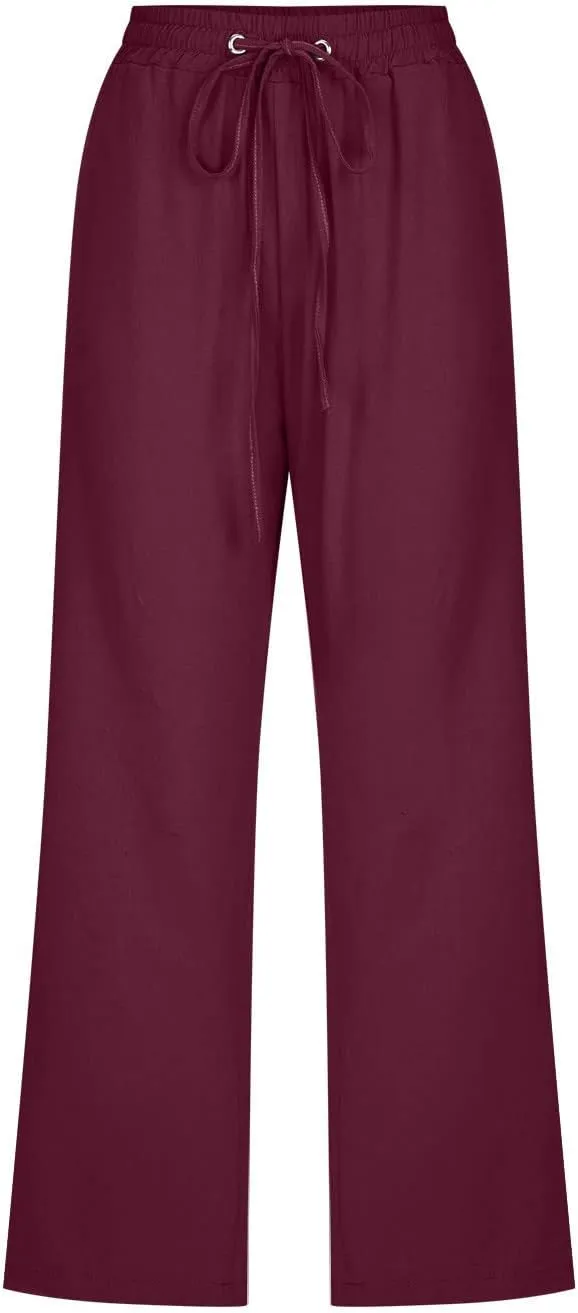 Capri Pants for Women Casual 2025 Summer Drawstring Elastic High Waist Linen Pant Straight Wide Leg Cropped Trouser