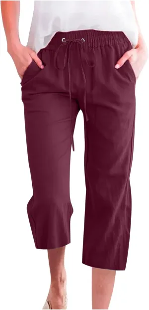 Capri Pants for Women Casual 2025 Summer Drawstring Elastic High Waist Linen Pant Straight Wide Leg Cropped Trouser